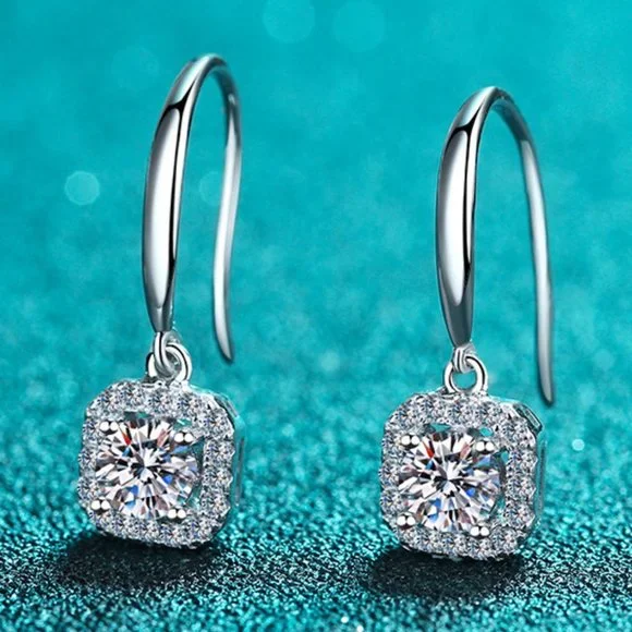 Certified 1ct. t.w. Moissanite Diamond Halo Drop Earrings NEW - Picture 1 of 9